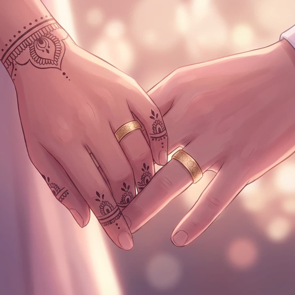 Mains d'un couple musulman se tenant avec des alliances, symbolisant l'engagement et l'union dans le mariage