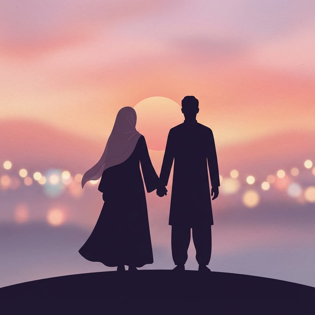 Couple musulman regardant ensemble vers l'avenir, symbolisant l'unité dans le mariage